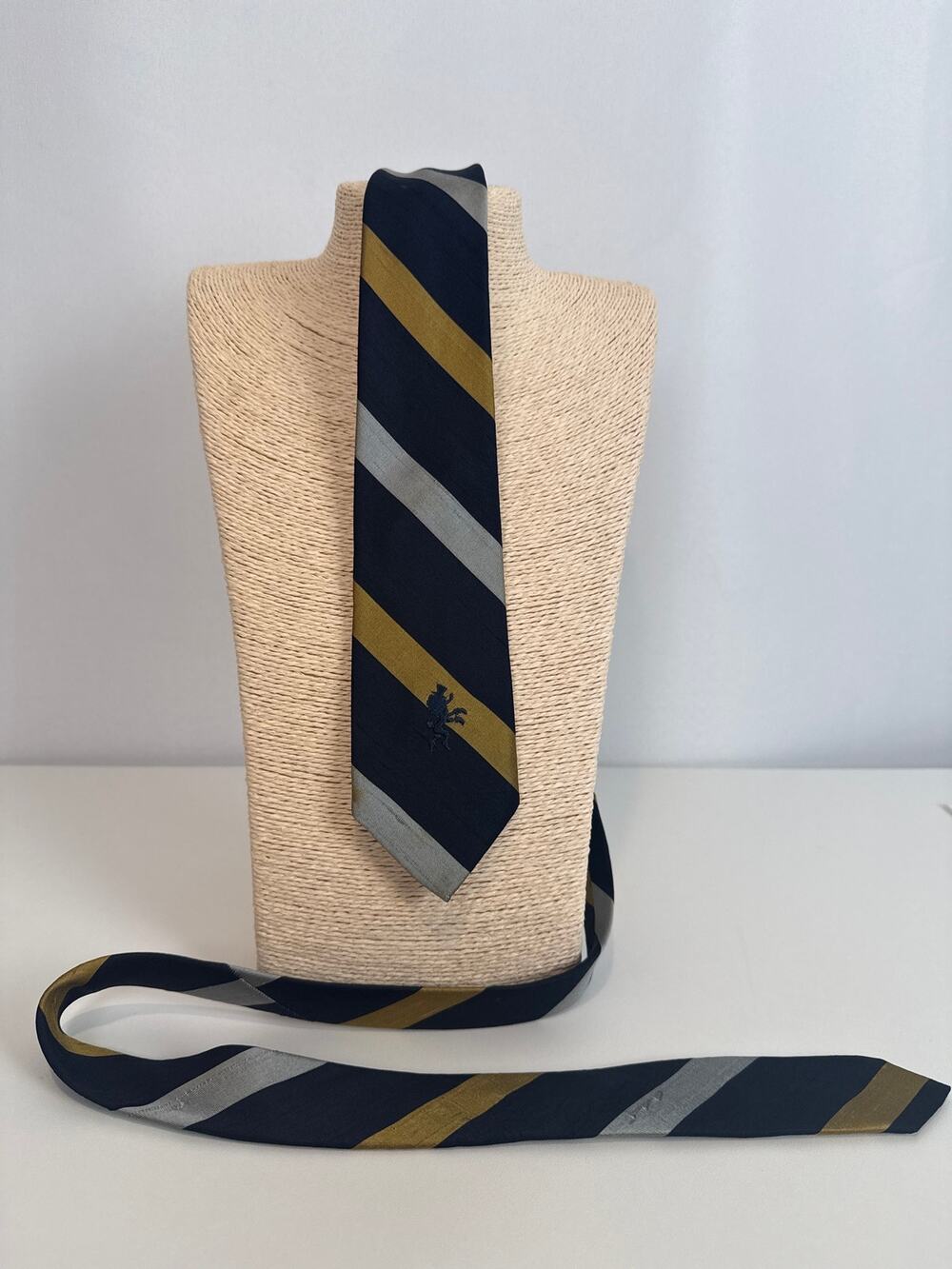 Vtg Schiaparelli All Silk Tie Navy Gold Silver Stripe w/ Orig Price Tag